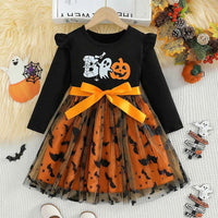 Prowow 2-8Y Kids Purple Halloween Dresses For Girls Long Sleeve Princess Mesh Spooky Spider Dress Children Halloween Costumes Bat