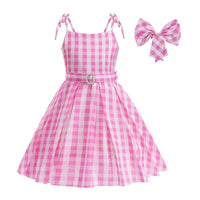 Girls Pink Barbie Princess Dress Movie Role Playing Costume With Belt Plaid Sling Dress Halloween Birthday Outfit Dress Up 2-10T Barbie Dress