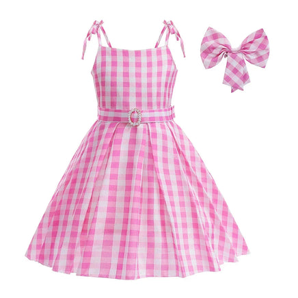 Girls Pink Barbie Princess Dress Movie Role Playing Costume With Belt Plaid Sling Dress Halloween Birthday Outfit Dress Up 2-10T Barbie Dress