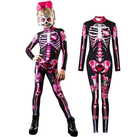 Girls Ghost Bride Gothic Rose Skeleton Scary Halloween Cosplay Costume Dress Role Play Carnival Children Party Outfit 1 PCS Set C