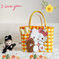 Sanrio Hello Kitty Handmade Limited Edition Sea Salt Blue College Style Kitty Cat Woven Bag For Girls Y2k Handbag Periphery B