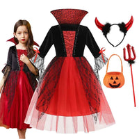 Girls Ghost Bride Gothic Rose Skeleton Scary Halloween Cosplay Costume Dress Role Play Carnival Children Party Outfit 4 PCS Set F