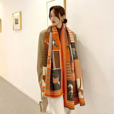 Throw Blanket Luxury Winter Cashmere Scarf Women Design Warm Blanket Horse Scarves Female Shawl Wraps Poncho Feminino Inverno Lusy Store