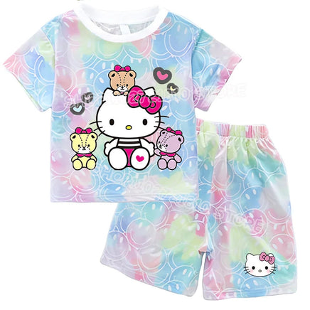 Hello Kitty Sets Summer Breathable Soft Children Clothes Baby Girls Cute Cartoon Short Sleeve Thin Two Piece Suit Gift KT279Y-KT906K