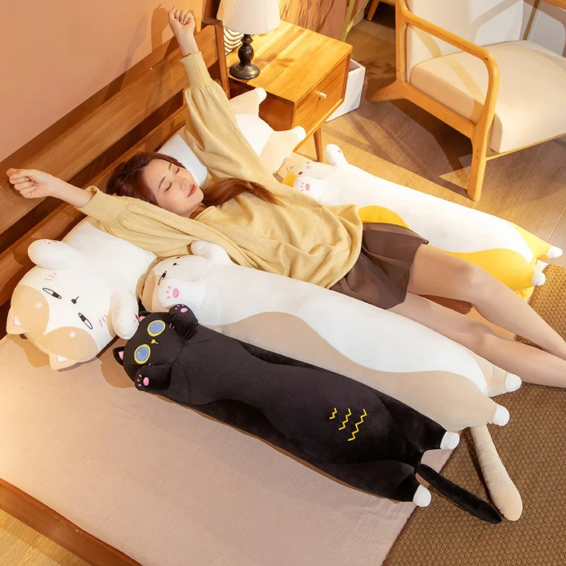 Lusy Store LLC Long Giant Cats Plush Toy Cylidrical Animal Bolster Pillow Cat Stuffed Plushie Children Sleeping Friend Gift Plush