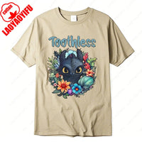 How To Train Your Dragon Toothless Floral Cotton T-Shirt Fashion Cartoon Anime Graphic Tshirt Funny Kawaii Men Woman Casual Tee Wu-khaki-09