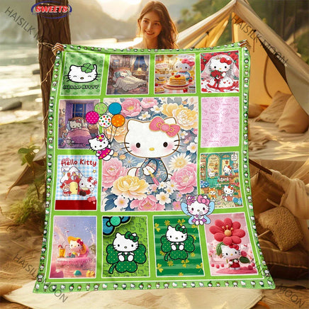 Multi-grid Sanrio Hello Kitty in Flowers Blanket, Home Office Nap RV Blanket for Four Seasons, Machine Washable Flannel Blankets Style C