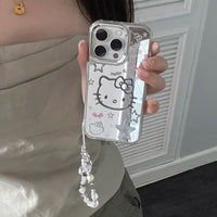 Cute Cartoon Sanrio Y2K Hello Kitty Silver Plating Phone Case For iPhone 16 15 14 13 12 11 Pro Max Cases Mirror Surface Cover With Lanyard
