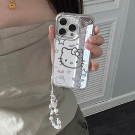 Cute Cartoon Sanrio Y2K Hello Kitty Silver Plating Phone Case For iPhone 16 15 14 13 12 11 Pro Max Cases Mirror Surface Cover With Lanyard