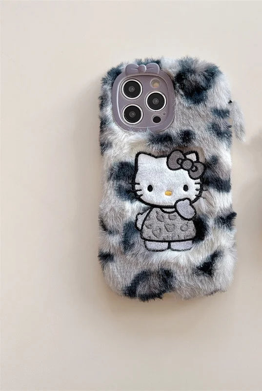 Lusy Store Luxury winter fluffy hand warmer Plush Leopard Hello Kitty phone case for iPhone 16 15 14 13Pro Max Cartoon KT Furry Wrist Strap 