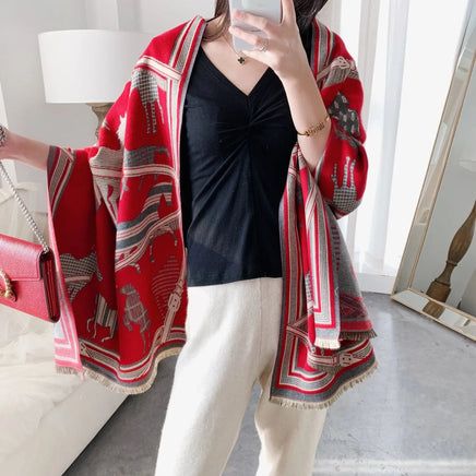Throw Blanket Luxury Winter Cashmere Scarf Women Design Warm Blanket Horse Scarves Female Shawl Wraps Poncho Feminino Inverno Lusy Store