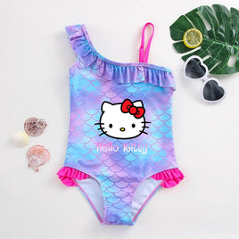 Hello Kitty Girls Swimsuit Mermaid Fish Scale One-Piece Bathing Suits Children's Dresses Kids Wear Summer Swimwear Beach Suit 023