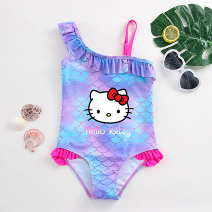 Hello Kitty Girls Swimsuit Mermaid Fish Scale One-Piece Bathing Suits Children's Dresses Kids Wear Summer Swimwear Beach Suit 023