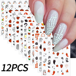 12Sheets Halloween Luminous Nail Art Stickers Cartoon Ghost /Pumpkin/Spider/Bat/Skull/Black-Cat Decals Manicure Adhesive Sliders