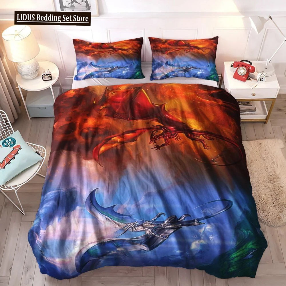 Dragon And Phoenix Duvet Cover Set Full Queen Size, Fantasy World Monster Gothic Bedding Sets Bohemian Mandala Comforter Cover Lusy Store