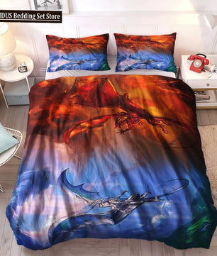 Dragon And Phoenix Duvet Cover Set Full Queen Size, Fantasy World Monster Gothic Bedding Sets Bohemian Mandala Comforter Cover Lusy Store