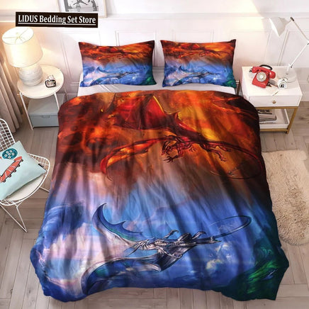 Dragon And Phoenix Duvet Cover Set Full Queen Size, Fantasy World Monster Gothic Bedding Sets Bohemian Mandala Comforter Cover