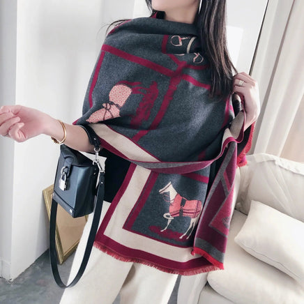 Throw Blanket Luxury Winter Cashmere Scarf Women Design Warm Blanket Horse Scarves Female Shawl Wraps Poncho Feminino Inverno Lusy Store
