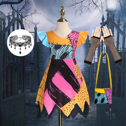 Baby Girls Halloween Costumes Cosplay Dress Nightmare Before Children Christmas Carnival Princess Sally Party Clothes 2-10 Years Sally set B