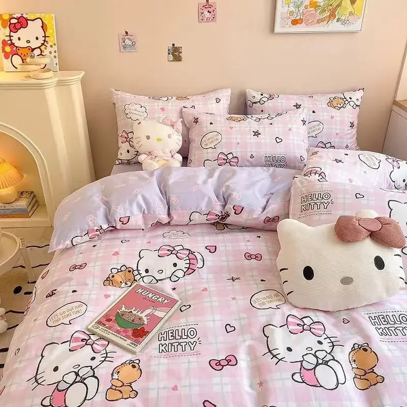 Lusy Store LLC Hello Kitty Bedding Set Kawaii Cartoon Bed Linen Sheet Duvet Cover With Pillowcase Girls Bed Cover Set bedding
