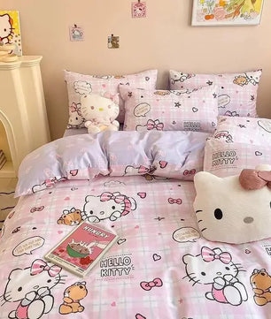 Lusy Store LLC Hello Kitty Bedding Set Kawaii Cartoon Bed Linen Sheet Duvet Cover With Pillowcase Girls Bed Cover Set bedding