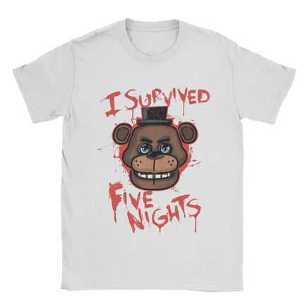 Five Nights T-Shirts for Men At Freddys Novelty Pure Cotton Tee Shirt Round Collar Short Sleeve Plus Size Clothes WHITE