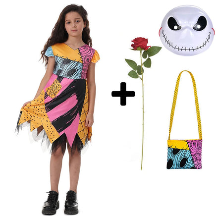 2024 halloween Costumes Kids Girls Cosplay Clothing The Nightmare Before Christmas Children Princess Sally With Bag Suit 2-10T 4pcs set D
