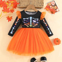 1-5Y Toddler Girls Halloween Dresses For Kids Long Sleeve Allover Bat Printed Party Dresses Children Baby Halloween Costumes Orange Skull