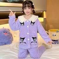 Sanrio Pajamas Kuromi Anime Children Comfortable Coral Cartoon Cute Warm Casual Home Clothing D