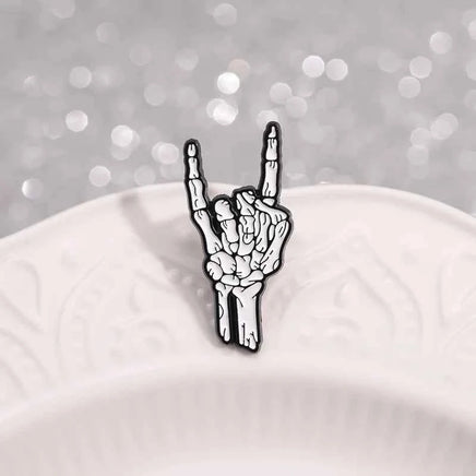 Halloween Skeletal Hand Enamel Pins Custom Rock and Roll Gesture Brooches Lapel Badges Punk Gothic Jewelry Gift for Kids Friends