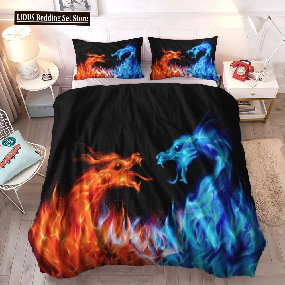 Dragon And Phoenix Duvet Cover Set Full Queen Size, Fantasy World Monster Gothic Bedding Sets Bohemian Mandala Comforter Cover Lusy Store