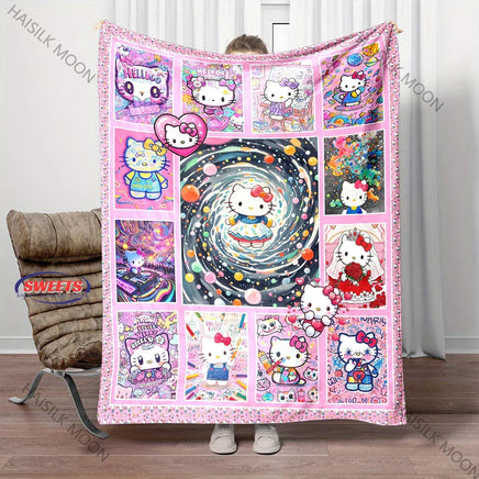Multi-grid Sanrio Hello Kitty in Flowers Blanket, Home Office Nap RV Blanket for Four Seasons, Machine Washable Flannel Blankets Style F