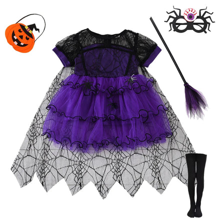 2-7Y Halloween Witch Cosplay Party Dress Cute Spider Mesh Cape Clothes Halloween Costumes for Baby Carnival Party Gifts set10