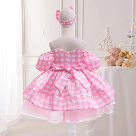 Movie Pink Party Cospaly Costume for Girl Bow Plaid Princess Ball Gown Role Up Birthday Dresses for Girls Tutu Halloween Costume