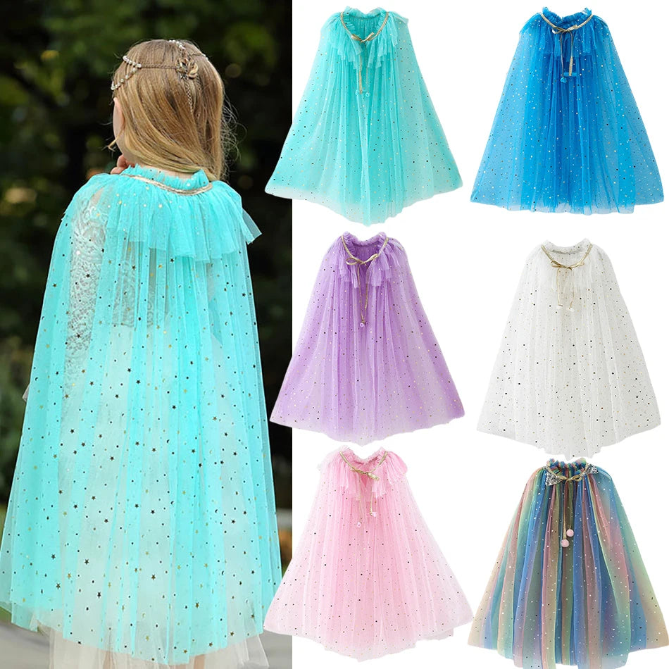 Lusy Store LLC Little Girls Sequins Tulle Cape Children Princess Party Dress Up Cloaks Thin Blue Pink White Halloween Costumes costume