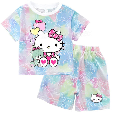 Hello Kitty Sets Summer Breathable Soft Children Clothes Baby Girls Cute Cartoon Short Sleeve Thin Two Piece Suit Gift