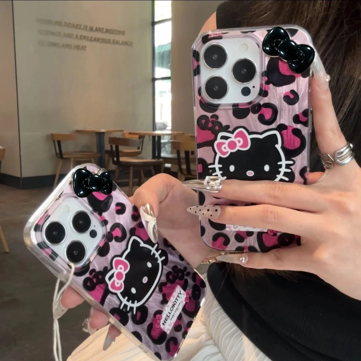 Lusy Store Pink Leopard Print HelloKitty Bow Mobile Phone Case For iPhone 15 14 13 12 11 Pro Max XR XS 7 8 Plus Silicone Laser Covers Y2K 