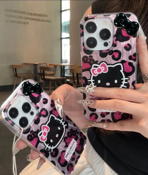 Lusy Store Pink Leopard Print HelloKitty Bow Mobile Phone Case For iPhone 15 14 13 12 11 Pro Max XR XS 7 8 Plus Silicone Laser Covers Y2K 