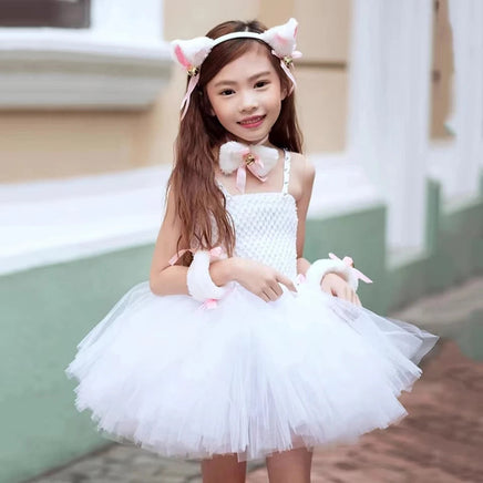 White Cat Tutu Dress for Girls Carnival Halloween Costumes for Kids Toddler Animal Cosplay Outfit for Birthday Party Clothes Set