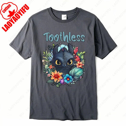 How To Train Your Dragon Toothless Floral Cotton T-Shirt Fashion Cartoon Anime Graphic Tshirt Funny Kawaii Men Woman Casual Tee Wu-dark gray-10