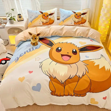 Pokemon Series Eevee Dragon 100% Cotton 4-piece set, Children's Cartoon 3-piece set of Sheet Pillowcase Quilt Cover Lusy Store
