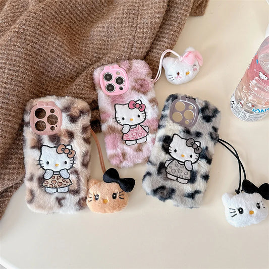 Cartoon Sanrio Leopard Print Phone Case for iPhone 14 with Kickstand