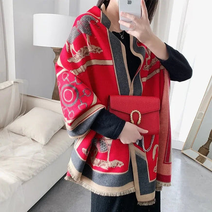 Throw Blanket Luxury Winter Cashmere Scarf Women Design Warm Blanket Horse Scarves Female Shawl Wraps Poncho Feminino Inverno Lusy Store