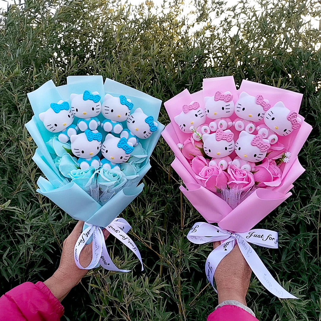 Lusy Store LLC Hello Kitty Plush Bouquet Rose Soap Flowers Wedding Party Decoration Christmas Valentine's Day Gift Bouquet