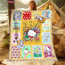 Multi-grid Sanrio Hello Kitty in Flowers Blanket, Home Office Nap RV Blanket for Four Seasons, Machine Washable Flannel Blankets Style A
