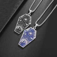 Retro Bat Coffin Castle Badge Stainless Steel Pendant Necklace for Men and Women Punk Halloween Jewelry Gift