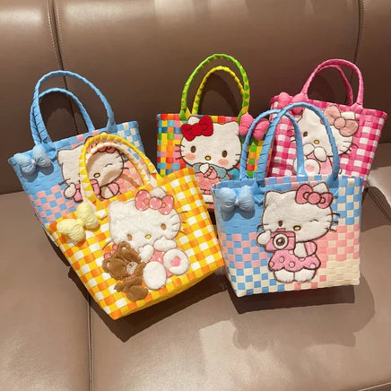 Sanrio Hello Kitty Handmade Limited Edition Sea Salt Blue College Style Kitty Cat Woven Bag For Girls Y2k Handbag Periphery