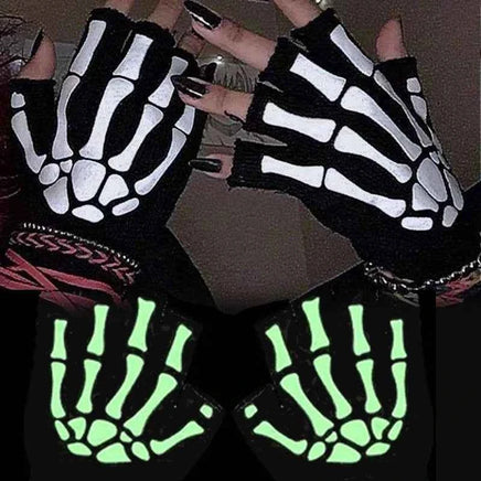 New Adult Cosplay Halloween Skeleton Skull Half Finger Punk Gloves Glow in the Dark Fingerless Stretch Knitted Winter Mittens