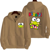 Men Zip Up Hoodie Keroppi White Cartoon Anime Sweatshirt for Couples Brown