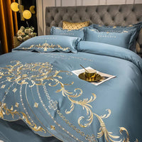 Egyptian Cotton Bedding Set Golden Embroidery Home Textiles Super Soft Bed Duvet Sheet Set King Queen Size Chic Stitch Linen 이불 Lusy Store